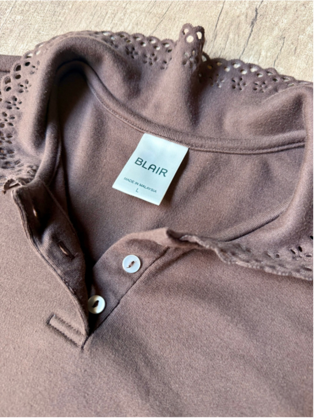 Women's Blair Brown Short Sleeve Polo Shirt with Eyelet Trim, Size L - Picture 2 of 2